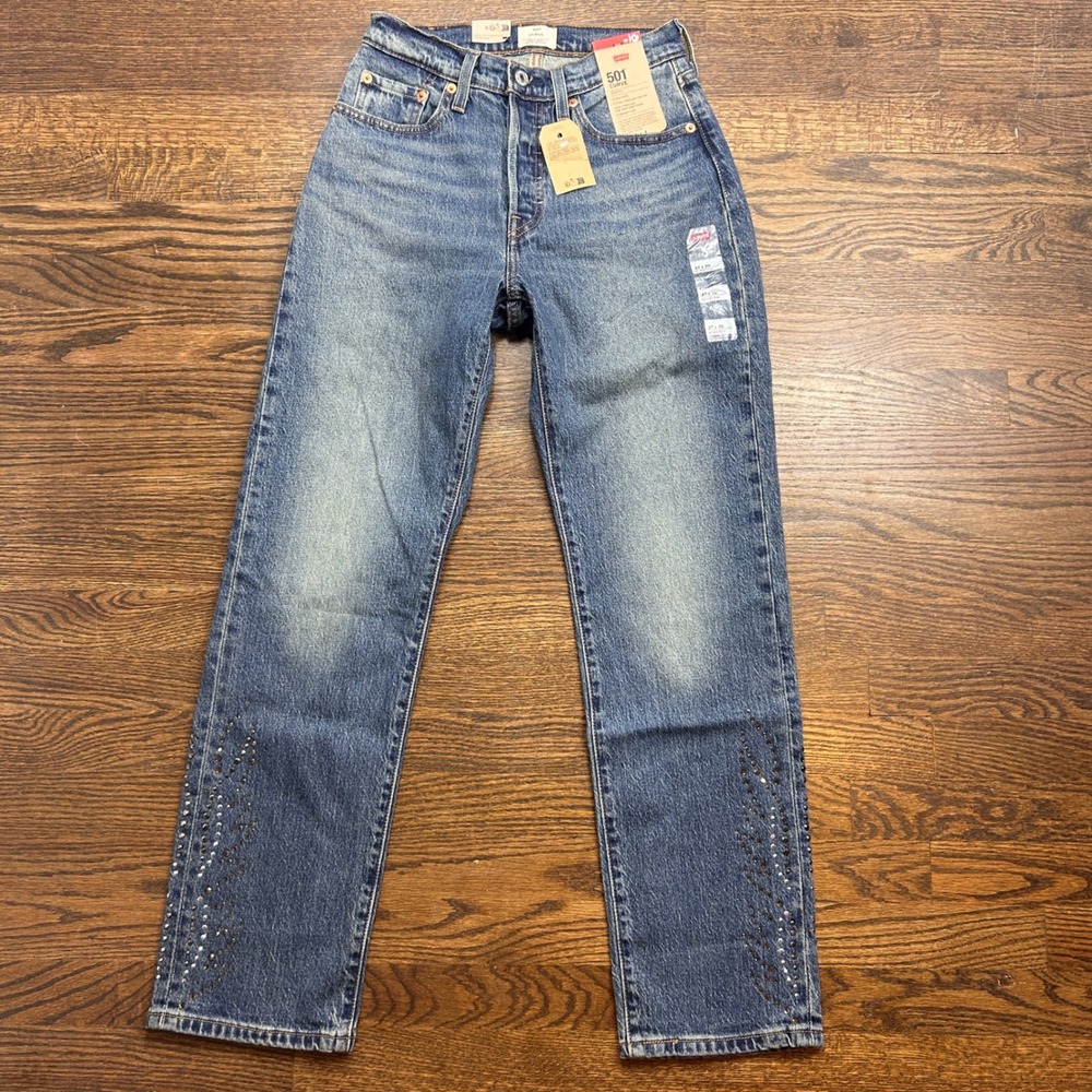 Levis 501 Curve Stretch High Rise Straight Leg Studded Jeans 27x30 Blue Denim